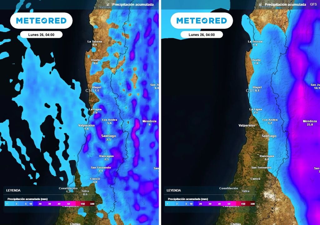 ECMWF y GFS muestran diferencias en la distribución de las precipitaciones acumuladas previstas hasta la madrugada del lunes 26.