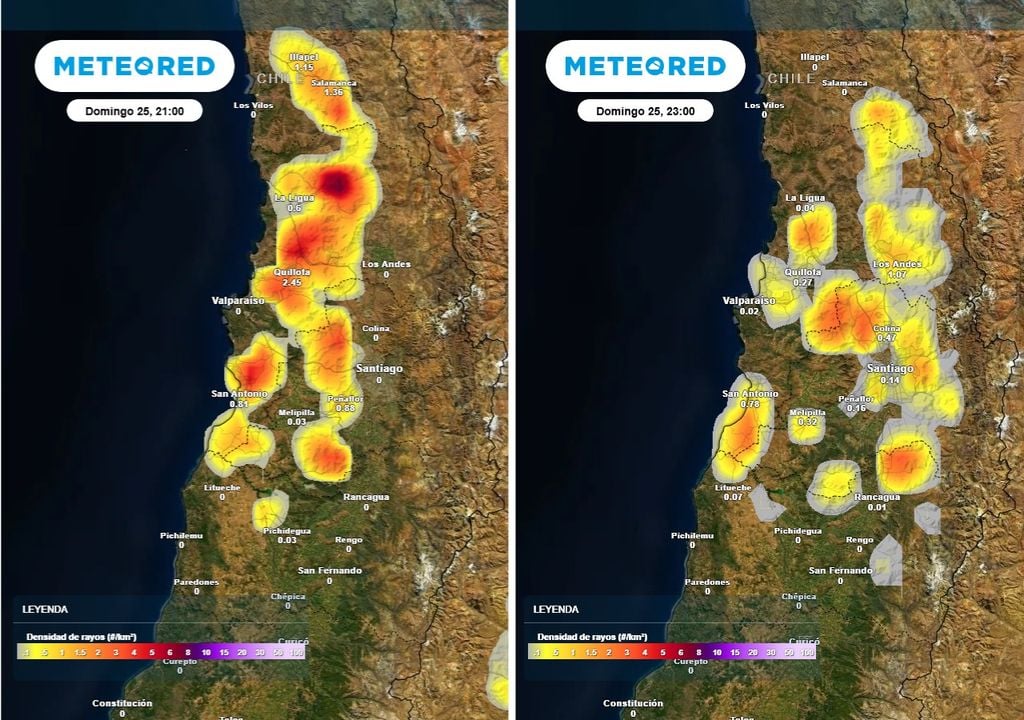 El máximo de actividad eléctrica se concentraría durante la tarde y noche del domingo, según el pronóstico de densidad de rayos.