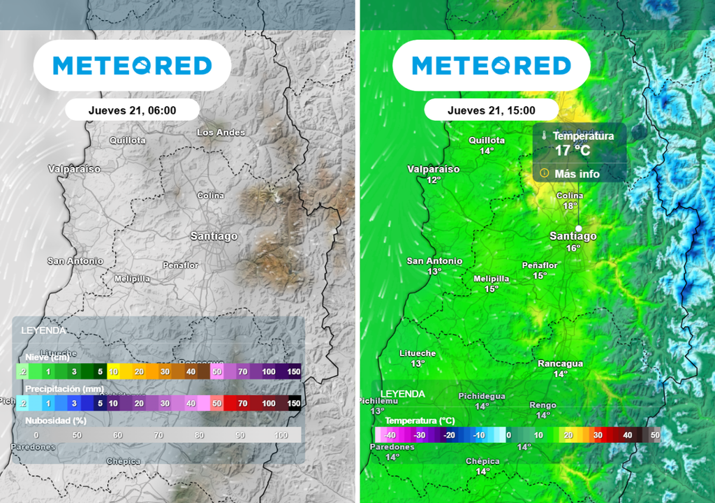Cielo nublado y una máxima cercana los 17 °C se espera este jueves en Santiago, según el ECMWF.