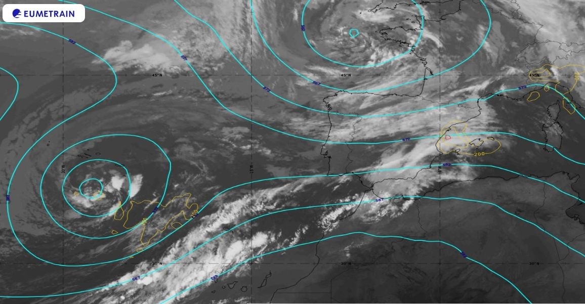 Imagen infrarroja del 16 de junio de 2020 a las 03 UTC junto con geopotencial en 500 hPa y zonas de inestabilidad dadas por la CAPE en amarillo. Eumetrain