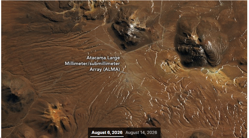 Una amplia vista del norte de Chile, Argentina y el sur de Bolivia y Perú muestra la nieve tras una tormenta, que se extiende desde los Andes hasta el corazón del desierto de Atacama. En un punto, un manto de nieve llega casi hasta la costa del Pacífico chileno. Un manto de nieve cubre una vasta área del norte de Chile, desde los Andes hasta cerca de la costa del Pacífico, como se aprecia en esta imagen captada el 19 de agosto de 2026 por el MODIS (Espectrorradiómetro de Imágenes de Resolución Moderada) a bordo del satélite Terra de la NASA. NASA Earth Observatory/Lauren Dauphin