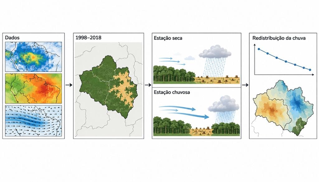 modis, satélite, imagens, expansão Fluxo do estudo que relaciona dados de satélite, desmatamento, variação sazonal e redistribuição das chuvas no sudoeste da Amazônia.