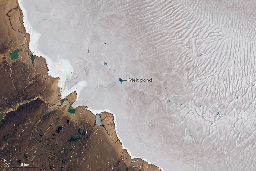 En esta imagen del 12 de julio de 2026, tomada por el sensor OLI (Operational Land Imager) del satélite Landsat 9, se observan charcos de agua de deshielo que forman pozas de un azul intenso en la superficie del lado suroeste del casquete glaciar Barnes. NASA Earth Observatory/Lauren Dauphin