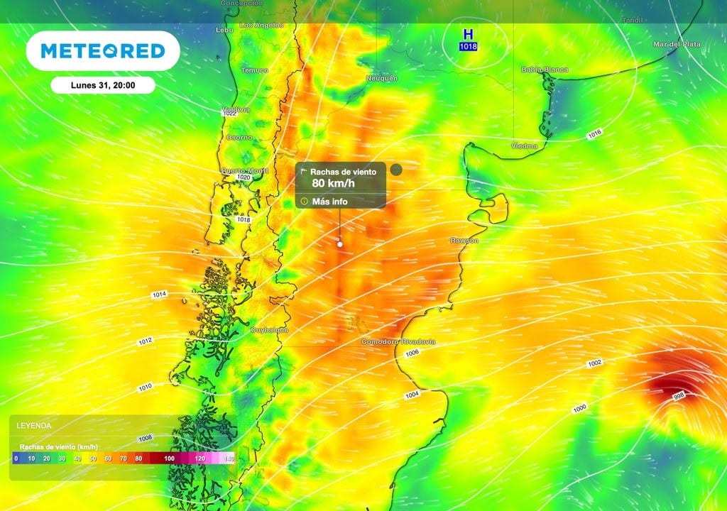 Viento Patagonia Un marcado gradiente de presión intensificará el viento sobre el centro de la Patagonia este lunes 31 de agosto con algunas ráfagas en el entorno de los 80 km/h sobre Chubut.