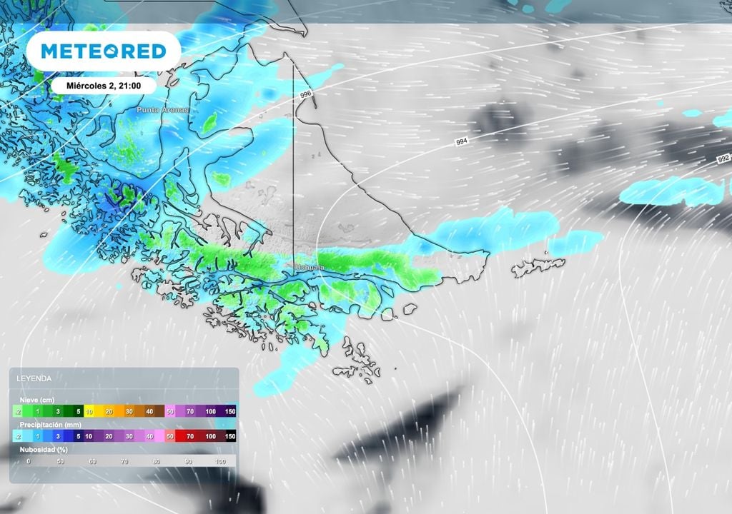 Nieve Patagonia Un sistema frontal avanzará desde la Antártida hacia el norte produciendo precipitaciones en forma de lluvia y nieve sobre el sur de Tierra del Fuego.