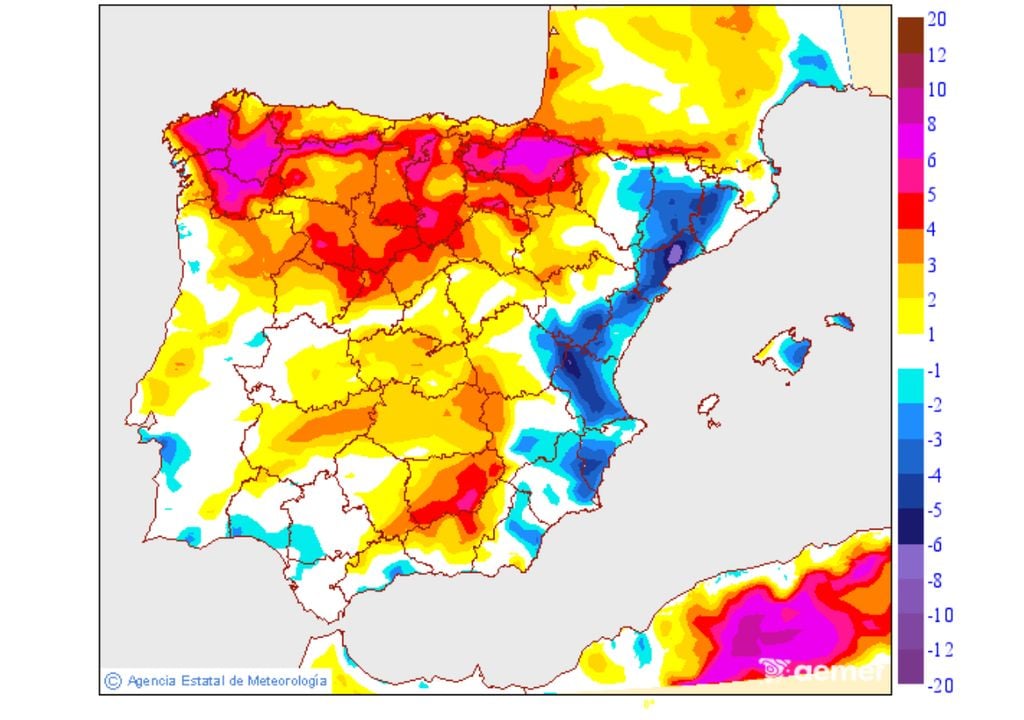 Las temperaturas diurnas seguirán bajando en el área mediterránea el sábado. Fuente: AEMET