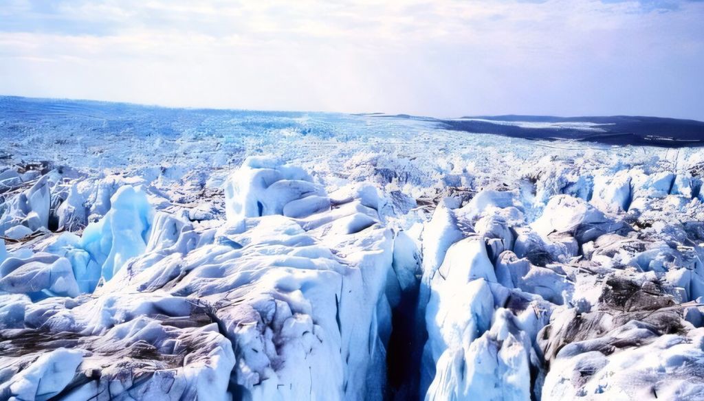 Hielo glaciar con profundas grietas que se extienden hacia el horizonte. Grieta y superficie de hielo de Sermeq Kujalleq, vistas desde un helicóptero. Crédito: Ana Nap
