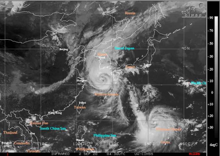 Imagen infrarroja de los dos sistemas tropicales en las cercanías de Japón y las dos Coreas a fecha de 2 de septiembre 2020 04:30 UTC. CIMSS JTWC