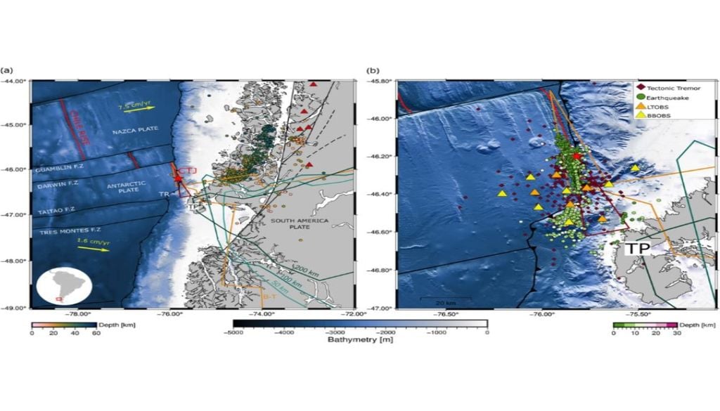 Tremores Los tremores tectónicos detectados bajo la Patagonia austral se concentran entre 30 y 40 kilómetros de profundidad. El estudio identificó episodios de actividad que se desplazan a velocidades de entre 5 y 20 kilómetros por día. Azúa, Ruiz e Ide (2026) / Geophysical Research Letters.