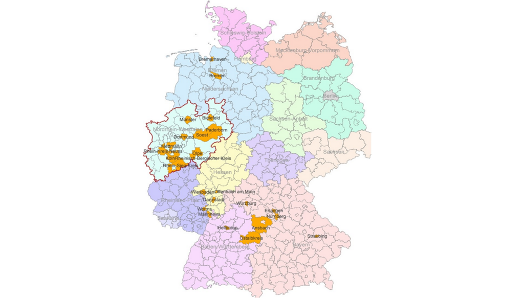 Hitzeaktionsplane helfen dabei, bei extremer Hitze schnell geeignete Maßnahmen zu treffen, wie Beschäftigungsverbote oder Evakuierungen. Die Karte zeigt, in welchen 25 Regionen Deutschlands es im Jahr 2025 bereits Hitzeaktionspläne gab (orange). Bild: Becker, Griebe & Weingart, 2025