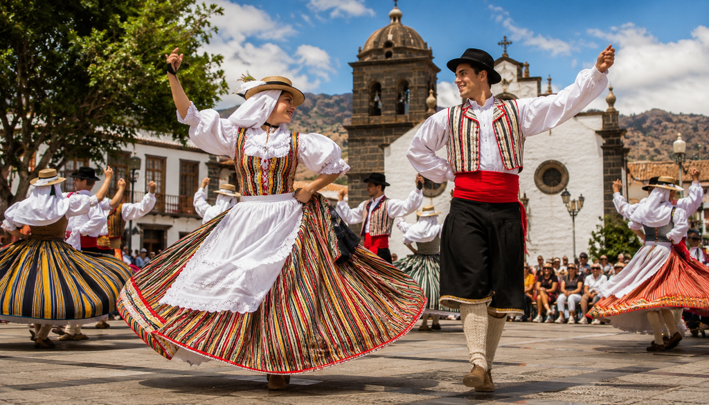 Una agrupación folclórica interpreta una isa canaria en una plaza típica.