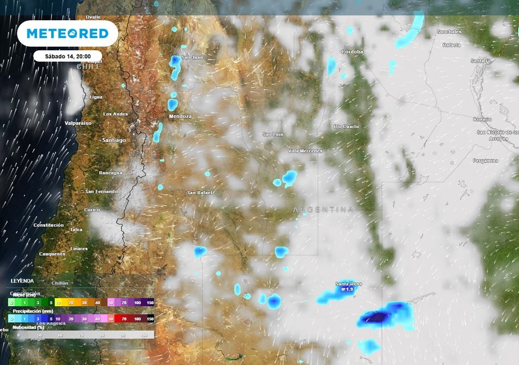 Nubosidad y precipitación previstas para el centro y oeste de Argentina a las 20:00 del sábado 14 de febrero: ¡tengan un paraguas a mano!