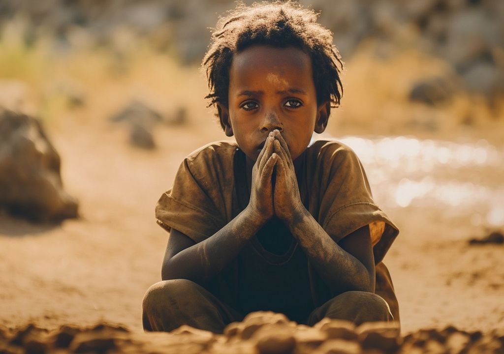 Niño con manos orando rodeado de sequía y barro