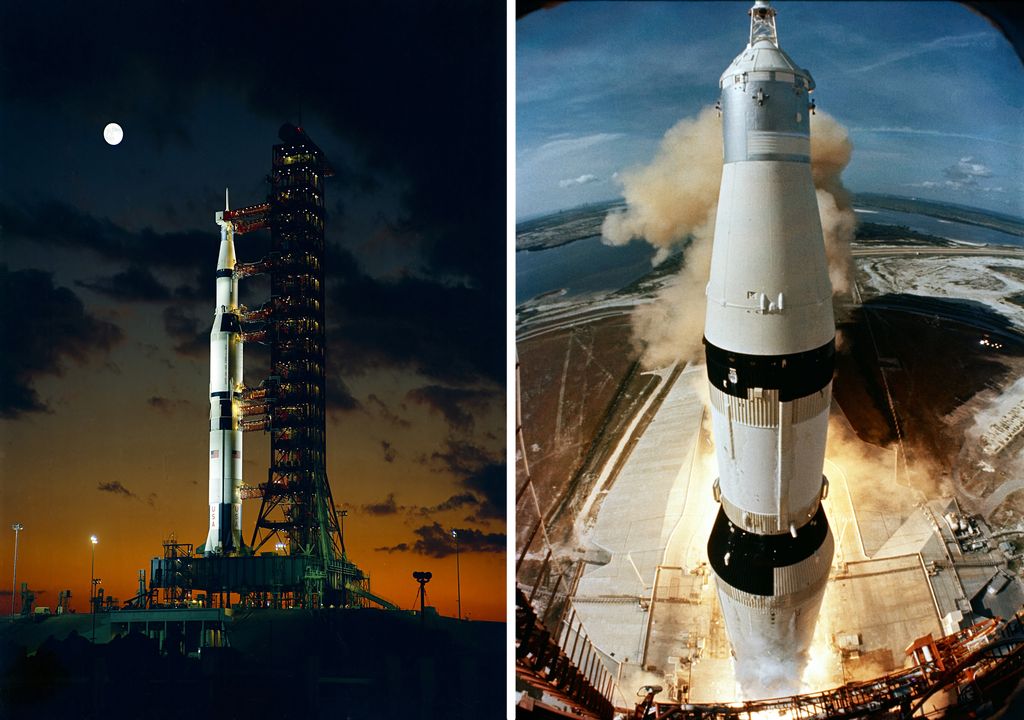 A la izquierda el Apolo 4 antes del lanzamiento y el Apolo 11 en el momento del despegue, imagen tomada desde la torre de lanzamiento.