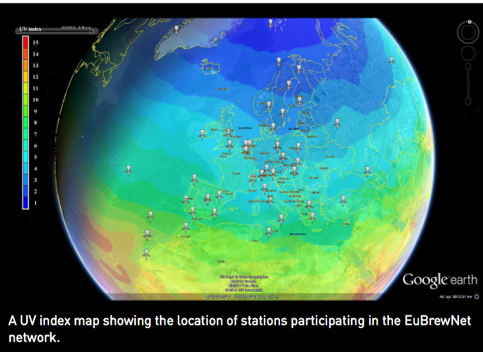 Día Internacional De La Preservación De La Capa De Ozono: Contribución Del Ciai Figura 3: Sobre el mapa de índice UV obtenido por el satélite OMI, se muestran las estaciones que participan en la red EUBREWNET. Recientemente se han sumado estaciones de Estados Unidos, Canadá y Australia.