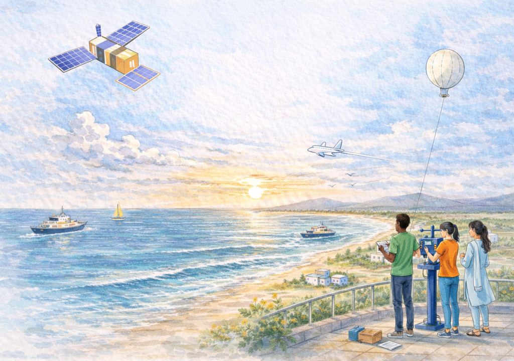 Estações meteorológicas de superfícies, radares, radiossondas, bóias, aviões e satélites estão entre os sistemas de observação meteorológica. Créditos: OMM.