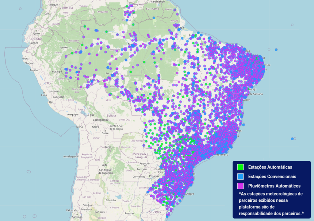 Rede de estações meteorológicas automáticas, convencionais e pluviométricas no Brasil, provenientes de diferentes órgãos públicos. Créditos: INMET.