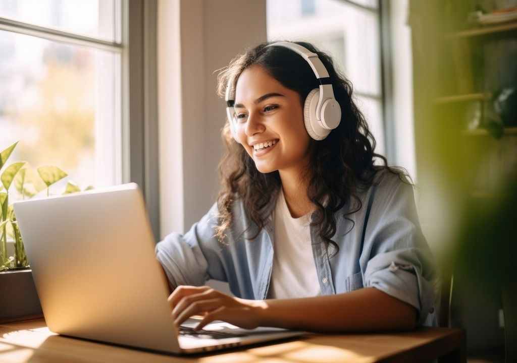 Rapariga ouve música nos fones enquanto trabalha no computador Rapariga ouve música nos fones enquanto trabalha no computador