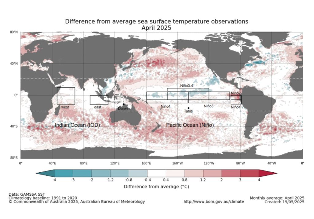 Exemplo de áreas de monitoramento de alguns índices oceânicos usados na meteorologia. Créditos: Bureau of Meteorology. Exemplo de áreas de monitoramento de alguns índices oceânicos usados na meteorologia. Créditos: Bureau of Meteorology.