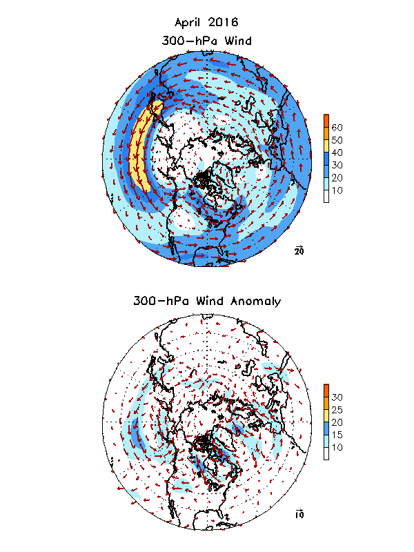 Diagnóstico Climático De Abril De 2016 Figura 4. Flujo medio y anomalías en 300 hPa. Nótese el flujo de aire generado por bloqueo en el Atlántico N con eje orientado hacia Groenlandia y el ramal de flujo del oeste en su base orientado hacia la Península con su largo recorrido marítimo en altura.