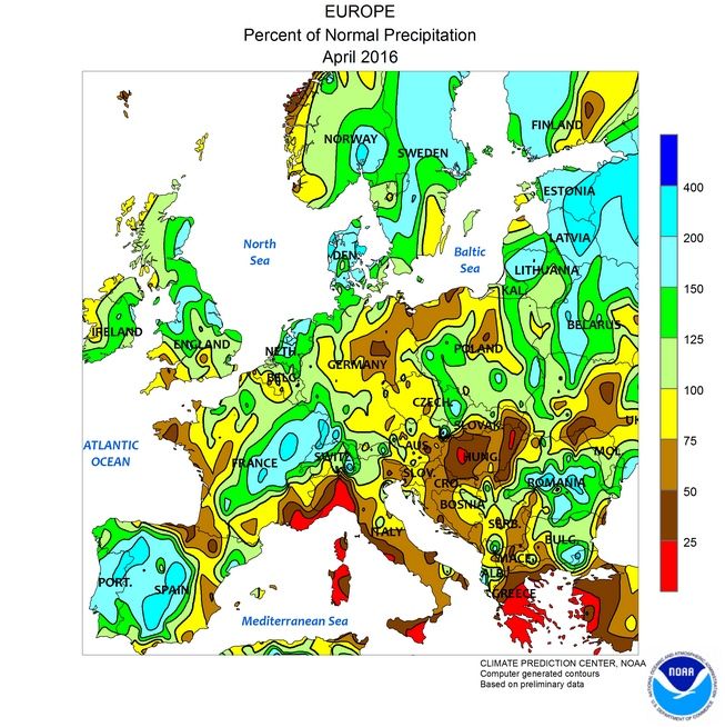 Figura 6 - b. Mapas de anomalías de porcentaje de precipitación para abril 2016 en parte de Europa.Fuente: NOAA Figura 6 - b. Mapas de anomalías de porcentaje de precipitación para abril 2016 en parte de Europa.Fuente: NOAA