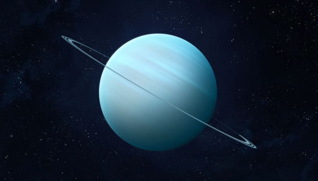 La atmósfera de Urano, rica en hidrógeno, helio y metano, presenta nubes frías, vientos intensos y un tono azul verdoso característico.