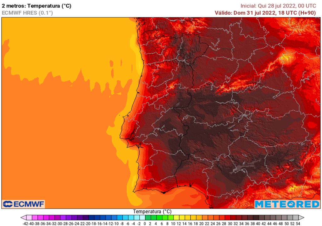 temperature forecast map;  Portugal;  ecmwf