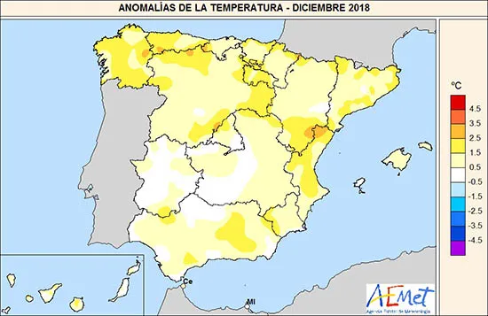 Foto 1: Anomalías de la temperatura en diciembre 2018