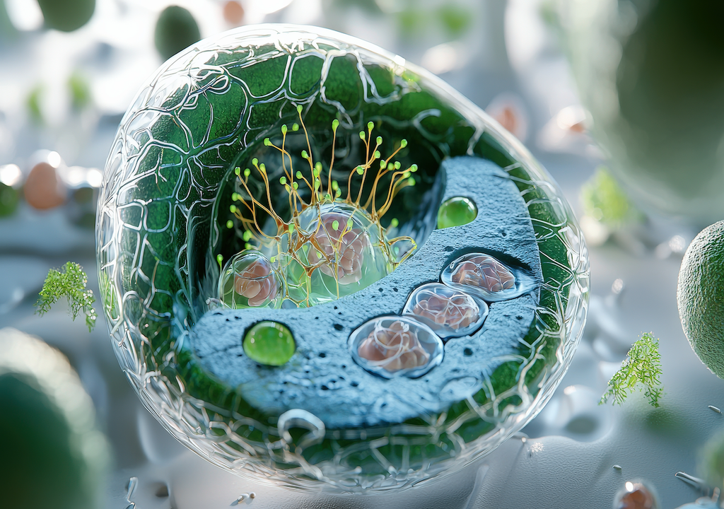 Eine Pflanzenzelle mit Chloroplasten und Mitochondrien: Hier beginnt die Energieproduktion, die es frühen Landpflanzen ermöglichte, auf trockenem Land zu überleben und zu wachsen.“