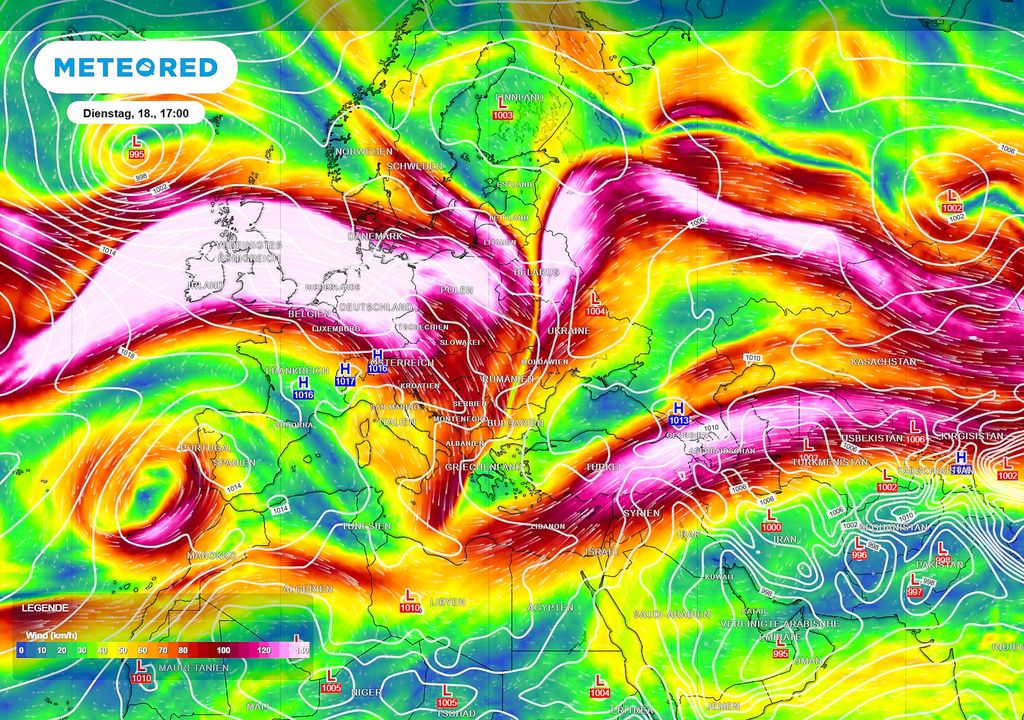 Wind, 300 hPa, Jet-Stream Der Jet-Stream glättet sich und bringt feuchte Luftmassen nach Deutschland. Ein ausgeprägtes Tief sitzt im nördlichen Atlantik. Im Süden steckt weiterhin ein Hochdruckgebiet über Frankreich, Italien und Österreich