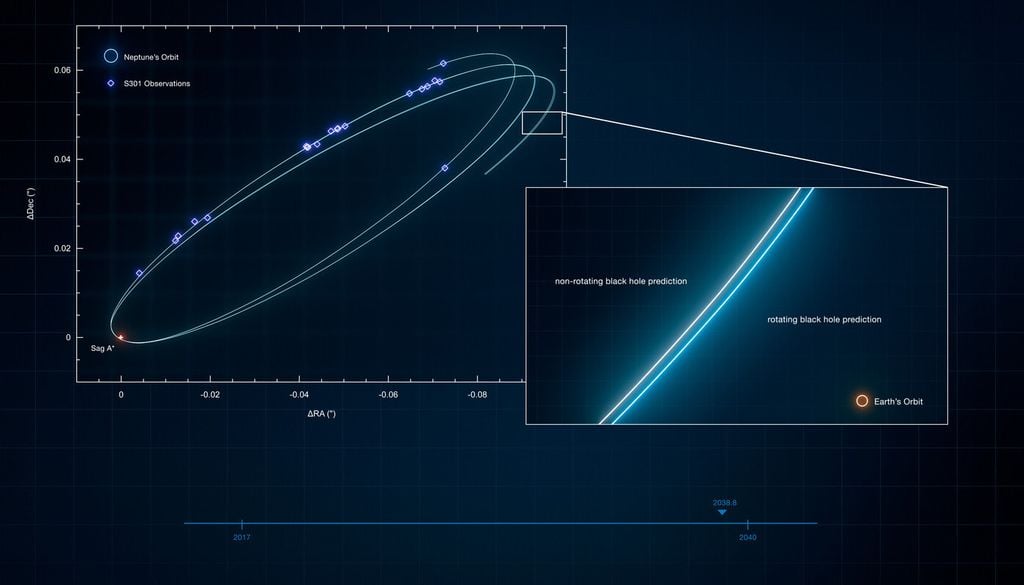 Die Bahn des Sterns S301 um Sagittarius A*. Die Rauten markieren Messungen, die mit dem Instrument GRAVITY am Very Large Telescope Interferometer der ESO (VLTI) durchgeführt wurden. Die Größe der Neptunbahn ist als Vergleichsmaßstab dargestellt. Die Bahn des Sterns S301 um Sagittarius A*. Die Rauten markieren Messungen, die mit dem Instrument GRAVITY am Very Large Telescope Interferometer der ESO (VLTI) durchgeführt wurden. Die Größe der Neptunbahn ist als Vergleichsmaßstab dargestellt. Bild: ESO/GRAVITY collaboration/L. Calçada