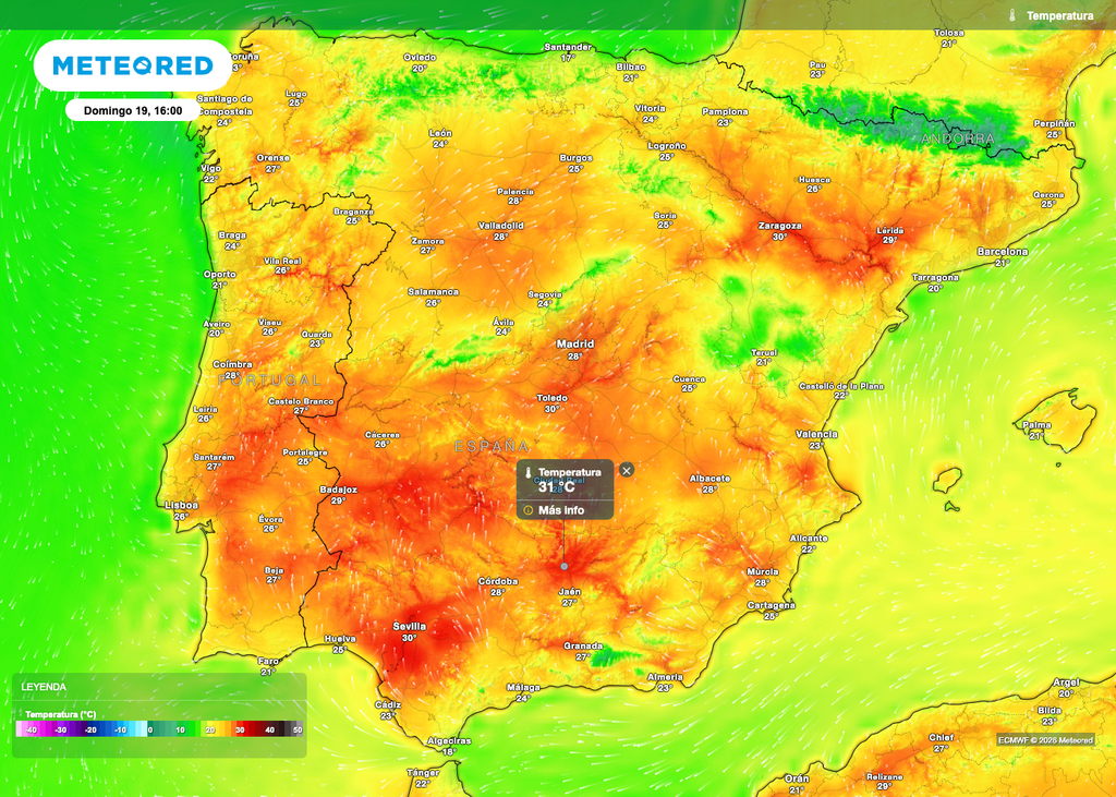 El domingo muchas zonas del interior peninsular rondarán y superarán los 30 ºC.