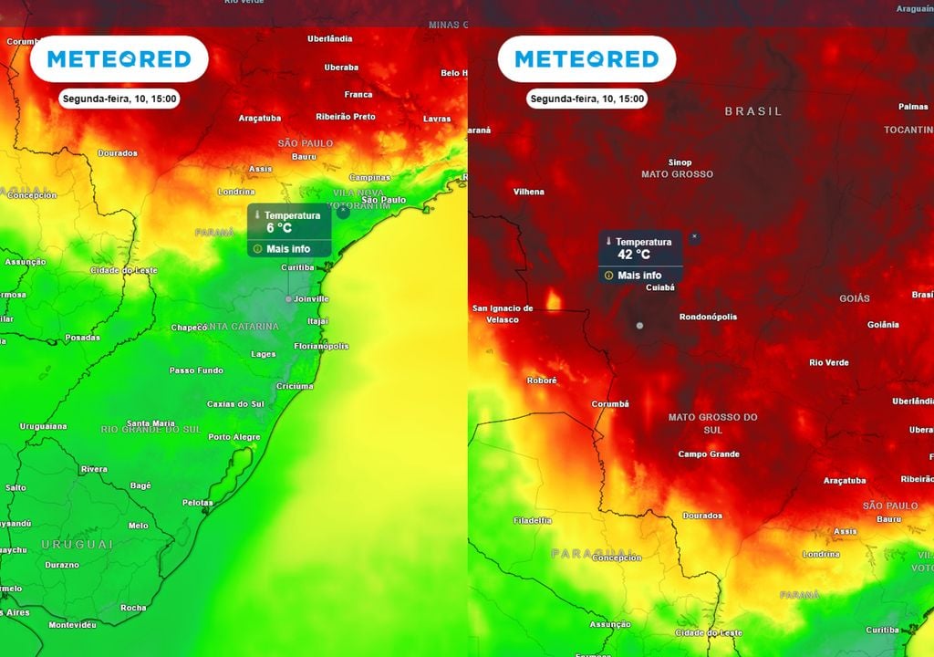 Previsão de temperaturas nesta segunda-feira às 15h sobre o Centro-Oeste (esquerda) e o Sul (direita) mostra um contraste extremo entre as temperaturas registradas nesta tarde.