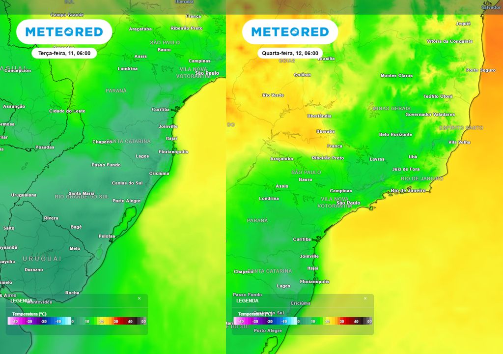 Previsão de temperaturas mínimas na terça-feira (esquerda) e quarta-feira (direita) mostram, respectivamente, temperaturas mais baixas tanto sobre a região Sul quanto Sudeste do Brasil.