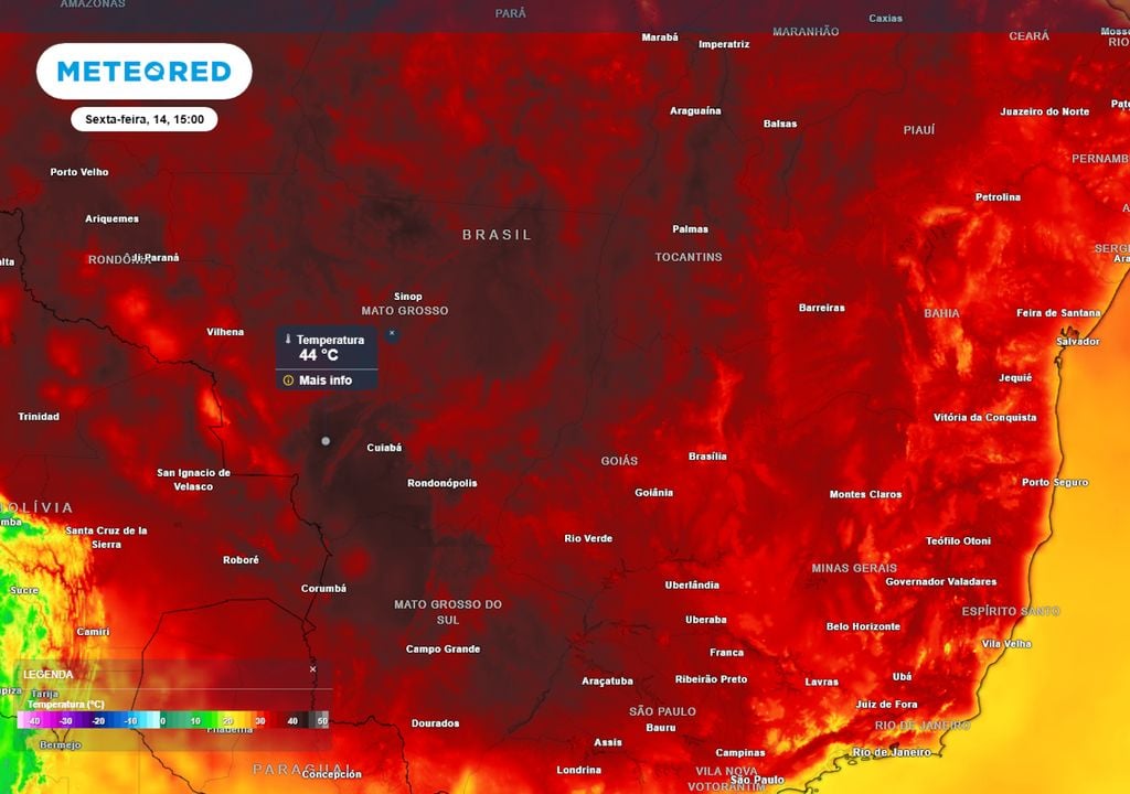 Previsão de temperaturas máximas na sexta-feira mostra risco de temperaturas de até 44°C na região Centro-Oeste. O Norte, Nordeste e parte do Sudeste também registrarão calor extremo.
