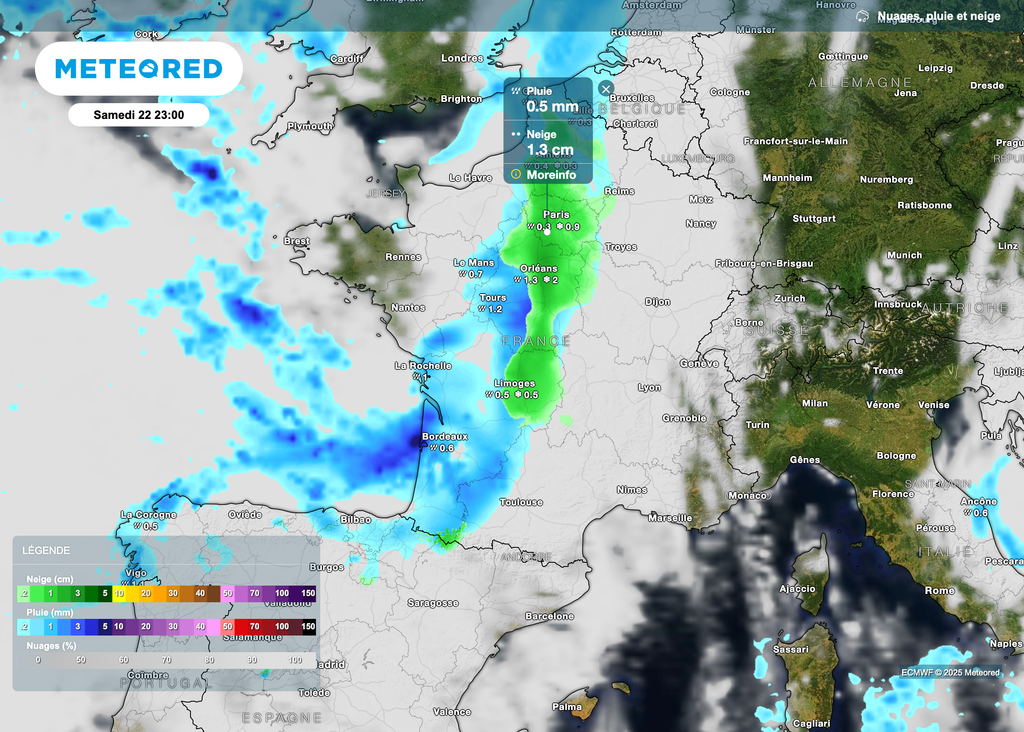 Des chutes de neige pourront blanchir les sols à Paris en cours de soirée et début de nuit de samedi à dimanche.