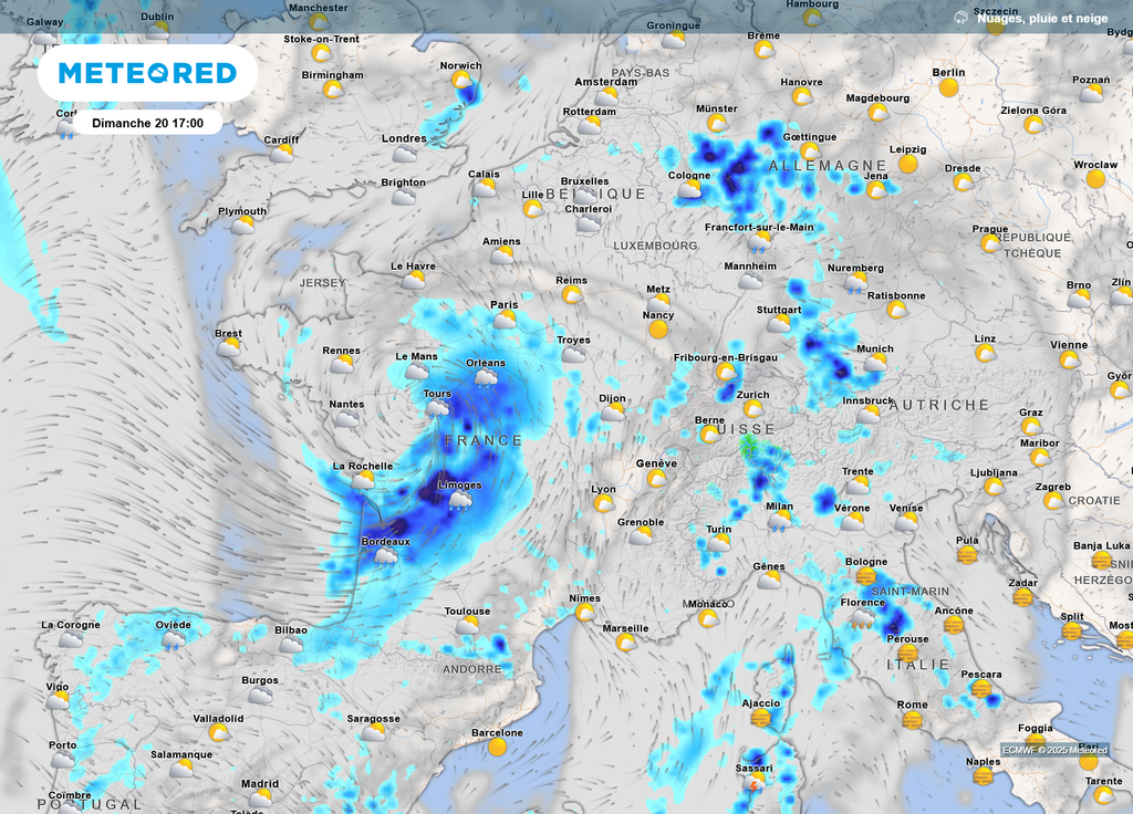 Nébulosité et pluies dimanche après-midi Nébulosité et pluies dimanche après-midi