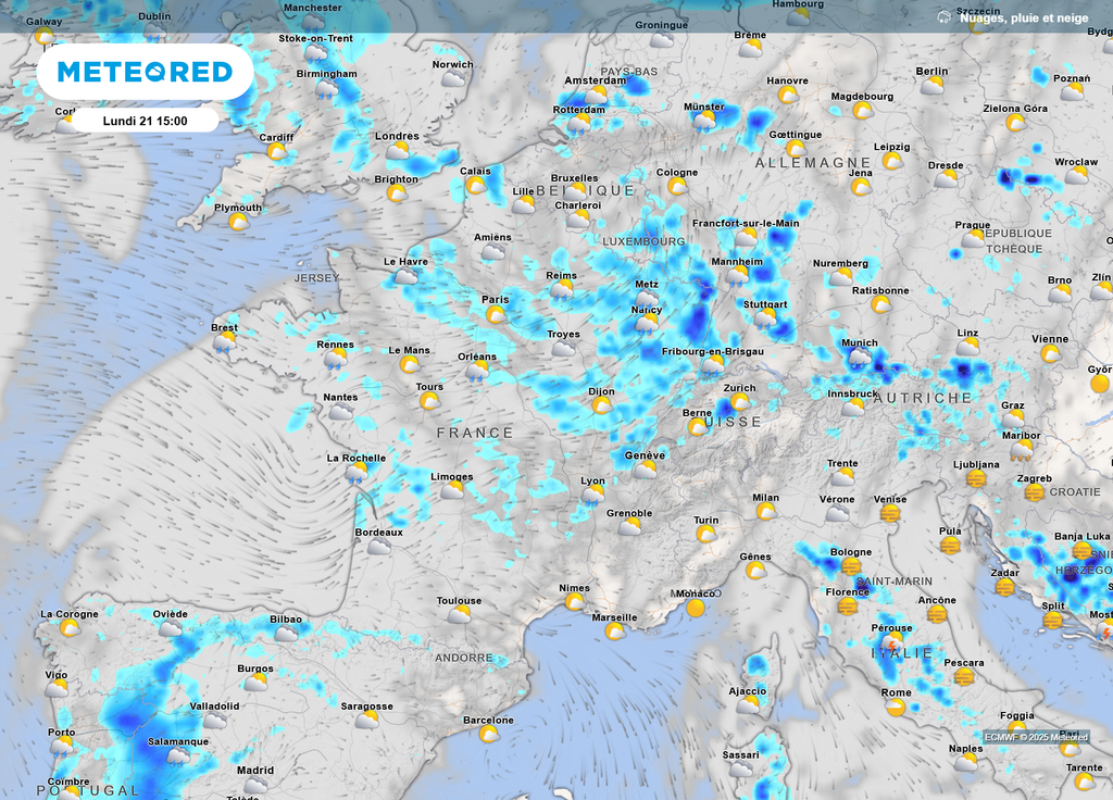 Nébulosité et pluies lundi après-midi Nébulosité et pluies lundi après-midi