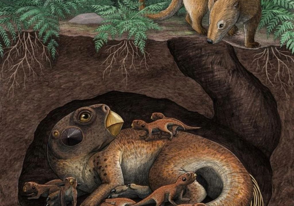 artwork of dinosaur in burrow