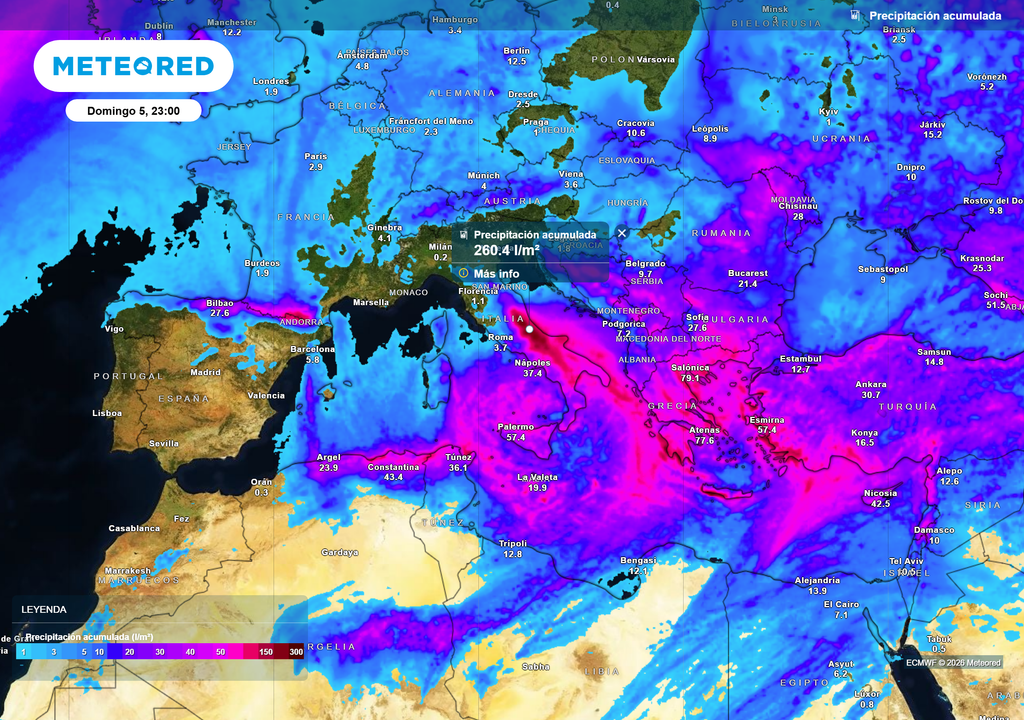 Mapa de acumulados de precipitación en Europa a lo largo de esta semana, según el ECMWF.