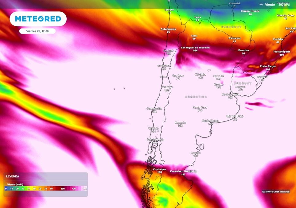 mapa de vientos de altura previsto por el modelo del ECMWF