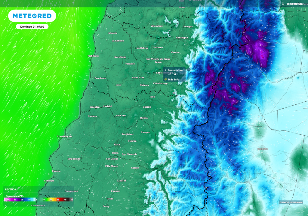 El mapa muestra el aire frío instalado sobre O’Higgins y Maule, con valores cercanos o bajo 0 °C en sectores precordilleranos y riesgo para cultivos sensibles.