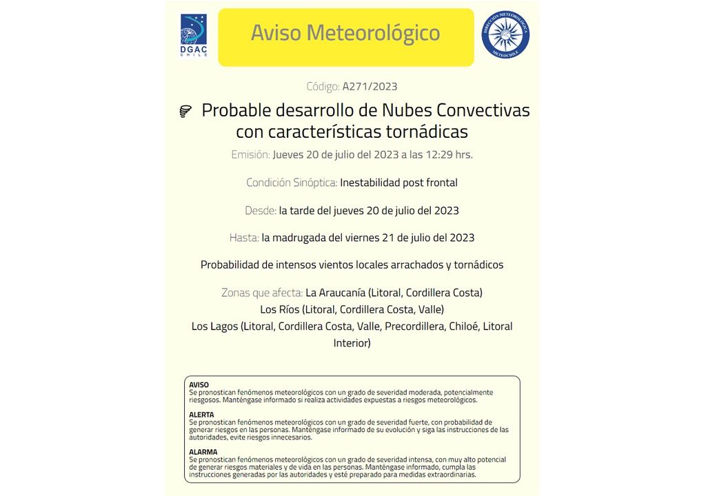 Aviso meteorológico sobre condición extrema de tiempo para regiones del sur de Chile