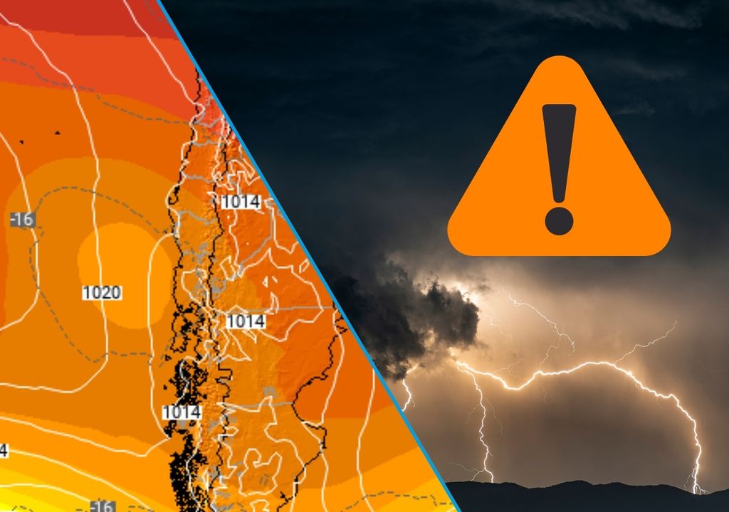 imagen de un mapa de baja segregada y símbolo de alerta naranja junto a una imagen de rayos