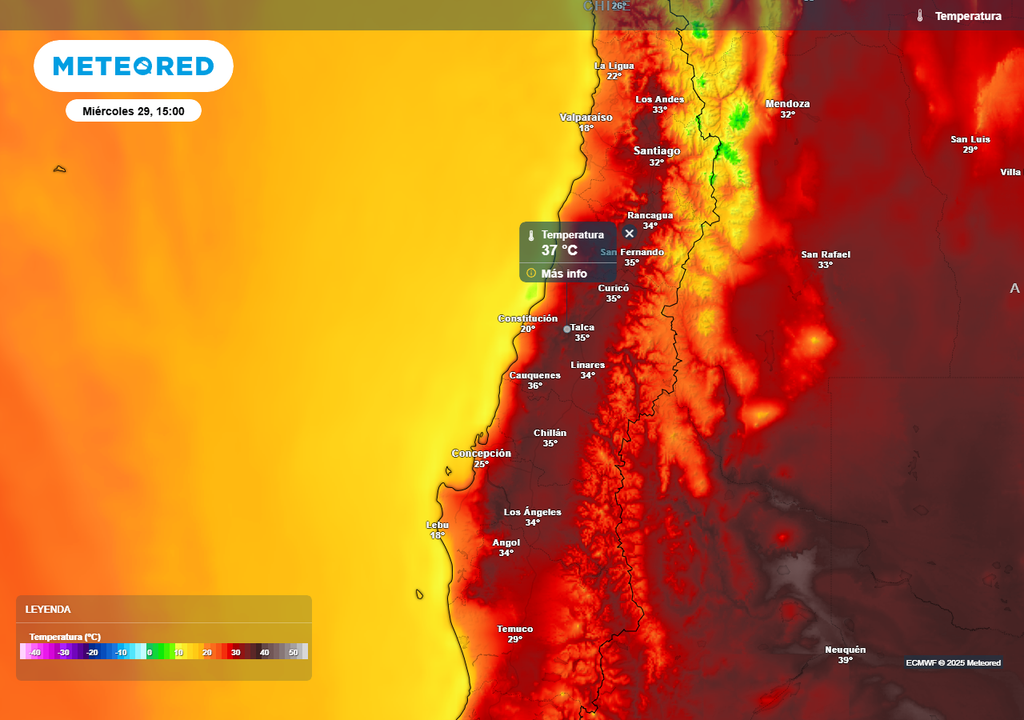 Temperatura, ECMWF, Chile, zona central y centro sur Temperatura, ECMWF, Chile, zona central y centro sur