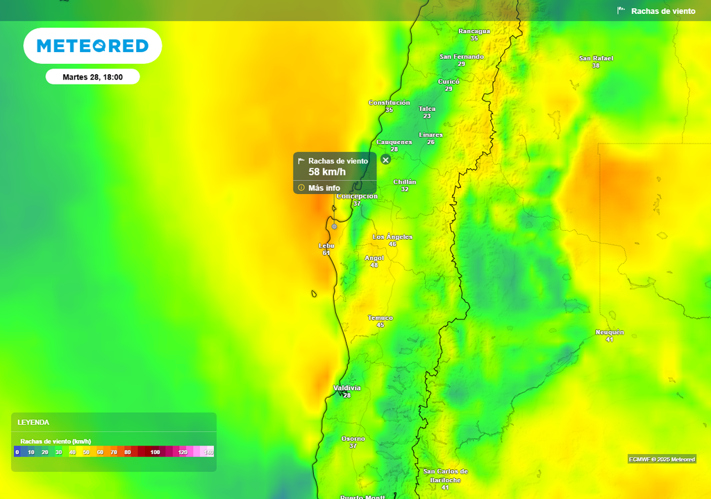 Rachas de viento, ECMWF, Chile, zona centro, zona sur Rachas de viento, ECMWF, Chile, zona centro, zona sur