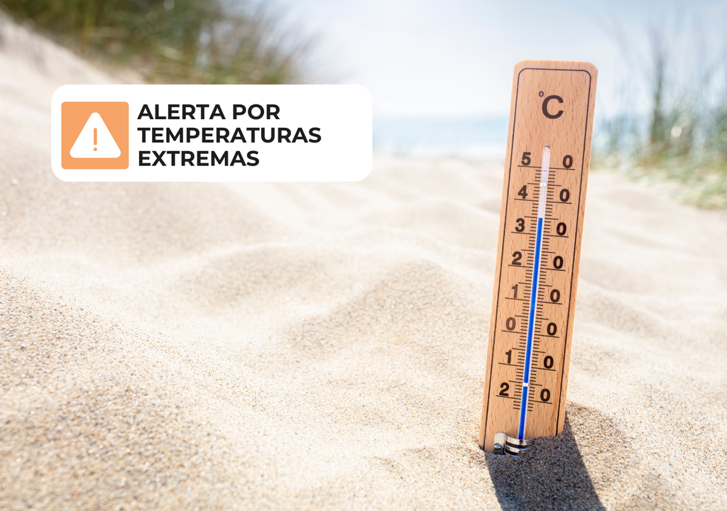 Termómetros enterrado en la arena, fondo playa, letrero "alerta por temperaturas extremas"