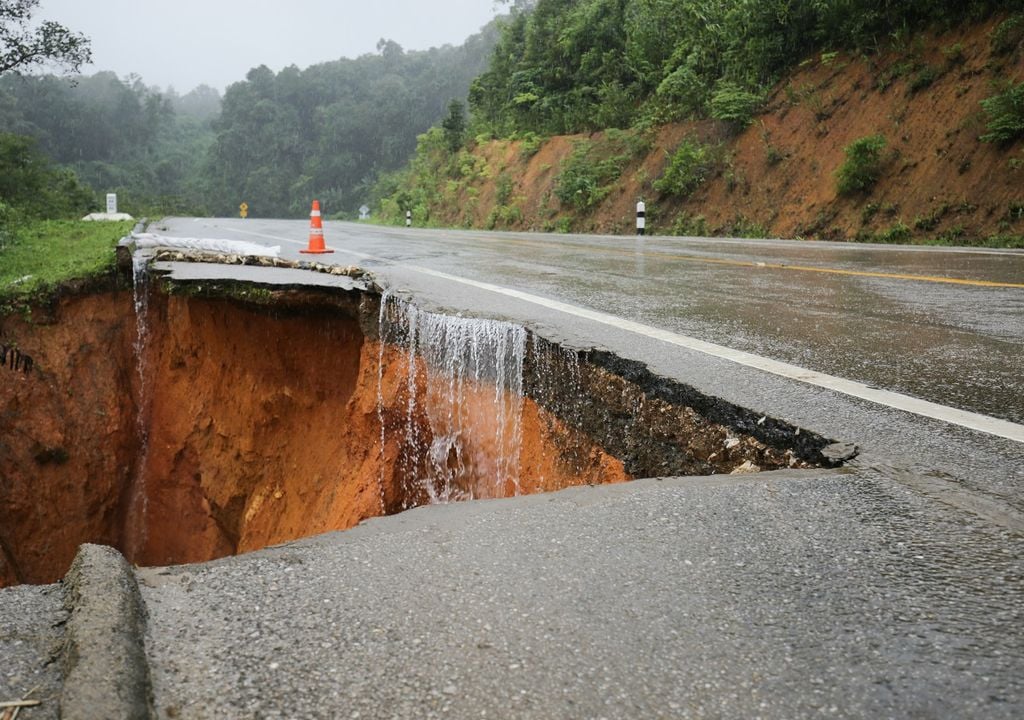 socavón en una carretera producto de las fuerza de las agua de las lluvias intensas