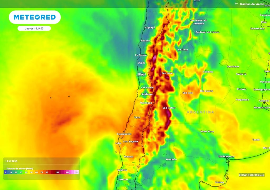 ráfagas de viento previstas por el modelo del ECMWF