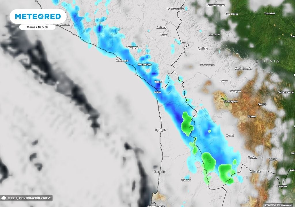 Nubes y precipitaciones previstas por el modelo ECMWF